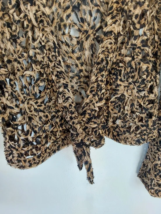 Chico's Boho Chic Silk Animal Print Open Crochet Cropped Tie Front Cardigan - Picture 2 of 6